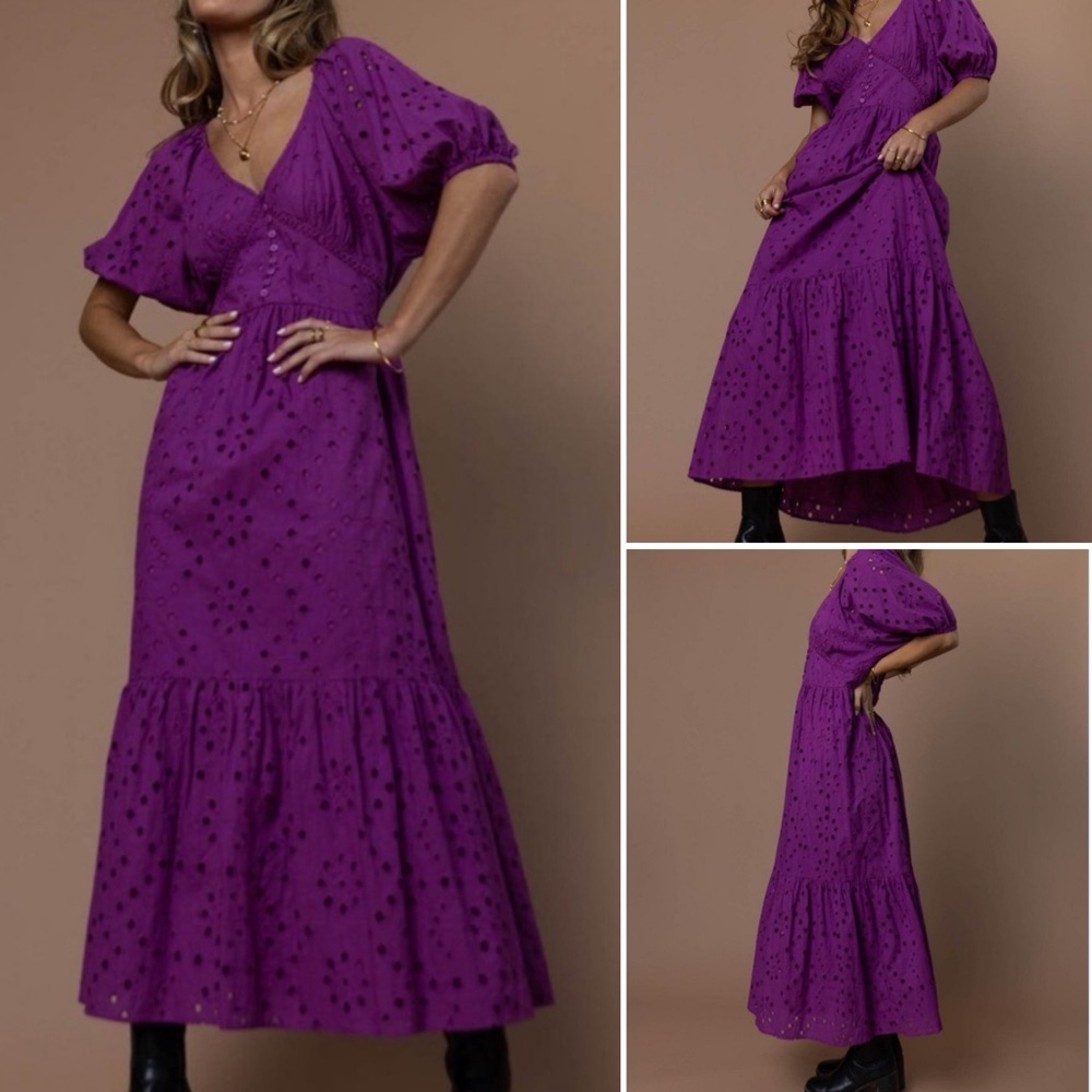 Bohme Magenta Puff Sleeve Eyelet Maxi Dress Women's Size Small NWT